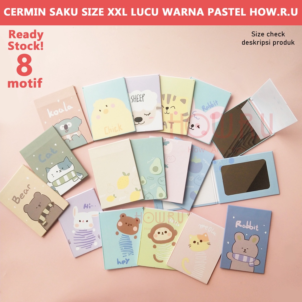 HOW.R.U | 16 x 13 cm - Cermin Lipat / Cermin Saku Korea Warna Pastel Motif Karakter Lucu