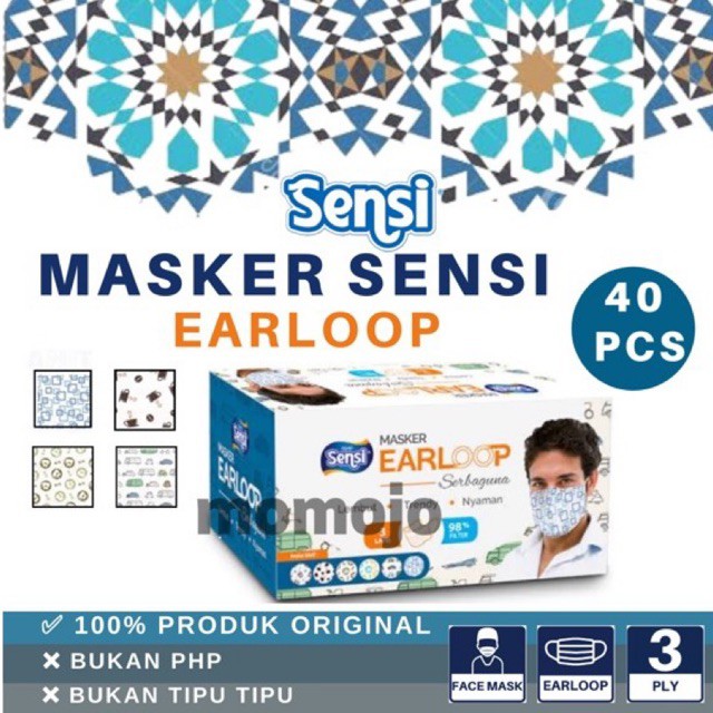 MASKER SENSI EARLOOP 3 PLY ISI 40 PCS WARNA MOTIF KEREN