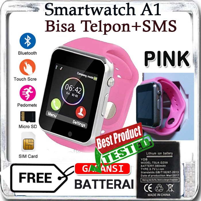 Smartwatch Jam Pintar Smart Watch A1 PINK Free Baterai Jam Tangan Smartwatch