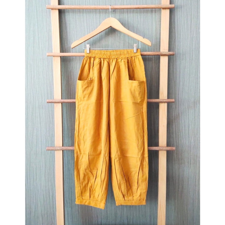CoD- Hinata Pants- Celana Santai 7/9- Celana Kulot Wanita- Celana Baggy Rami Premium- Celana Panjang-Mustard