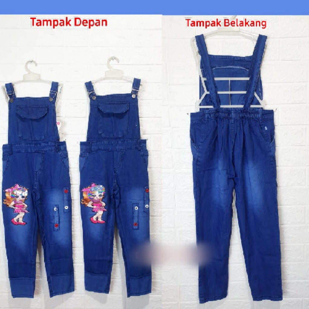 Celana Overall Jeans LED Panjang Anak Usia 5-13 Thn / Celana Kodok Jeans Anak Premium