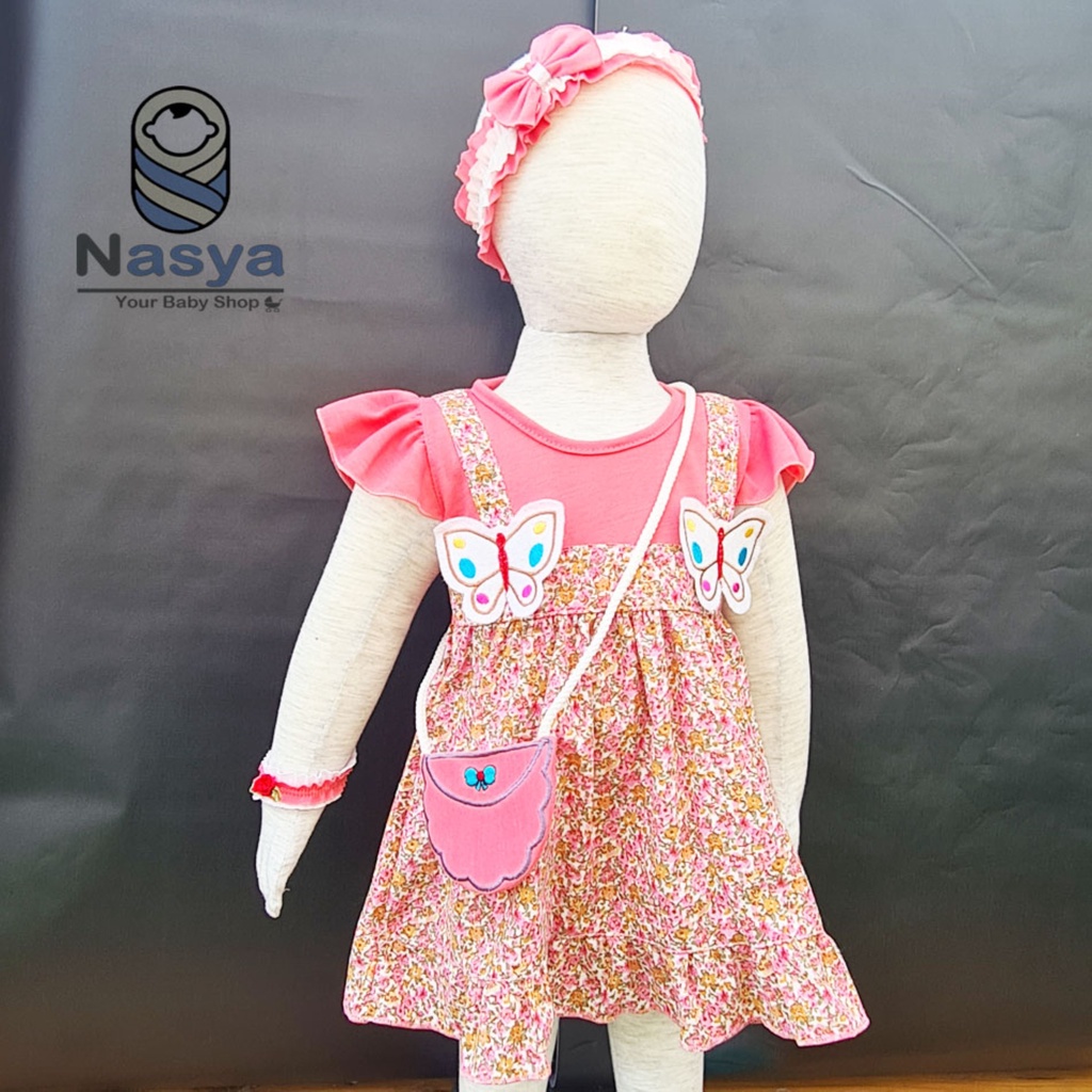 [P-030B] Dress Bayi Anak Usia 0-6 Bulan Full Set Bandana, Gelang dan Tas