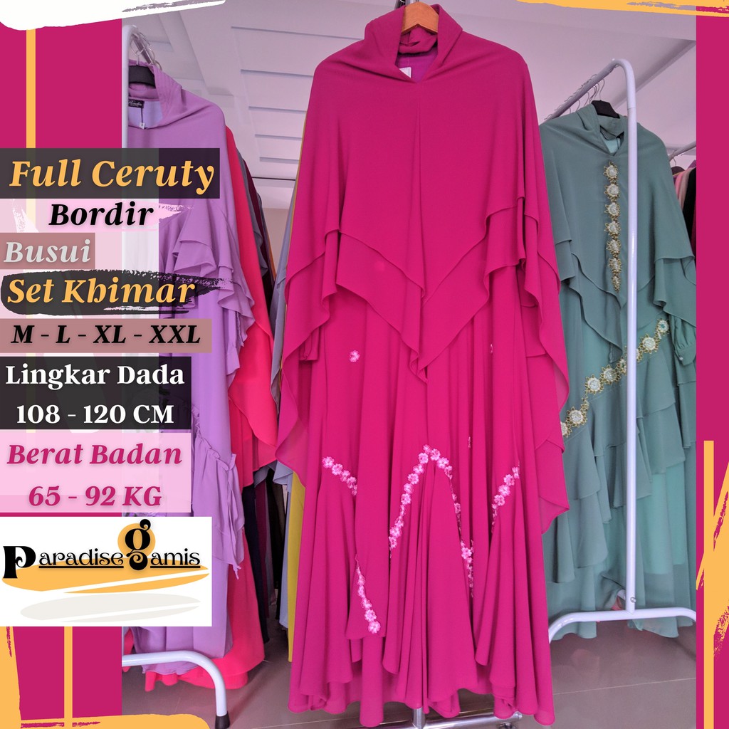 Gamis Syari Ceruty Babydoll Bordir Ibu Ibu Mewah Jumbo LD 120 Set Khimar