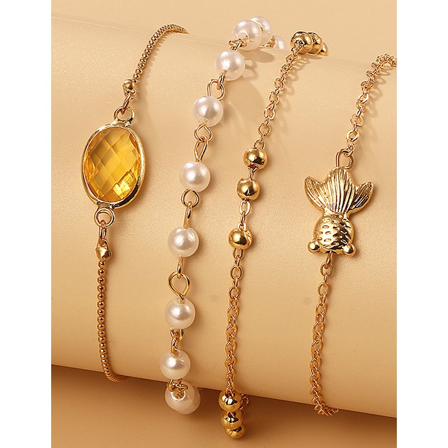 LRC Gelang Tangan Fashion Golden Glass Diamond Pearl Goldfish Bracelet Set P06575