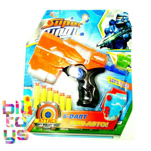 MAINAN ANAK LAKI LAKI TEMBAKAN SUPER SHOOT PISTOL PELURU LUNAK SOFT BULLET GUN 6 DART FG