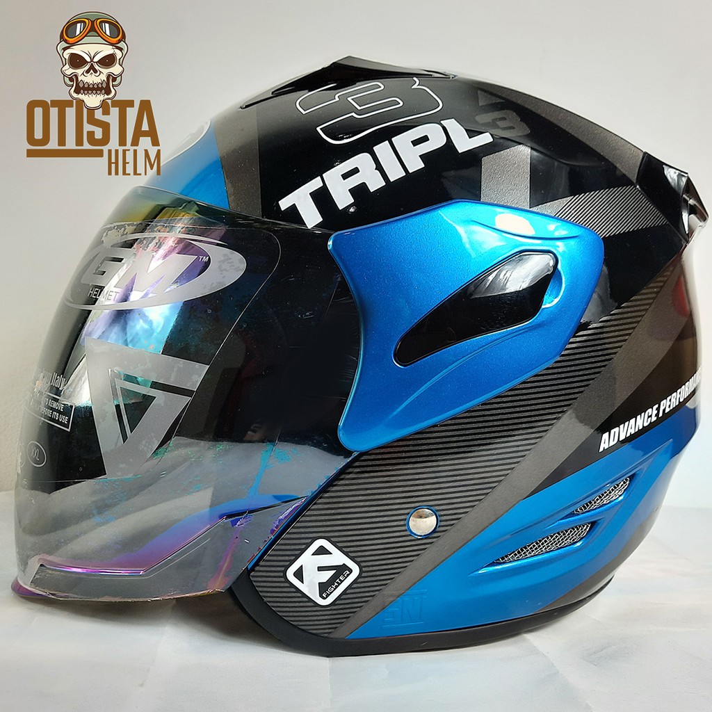 Helm Half Face Gm Fighter Triple Blue Metalic Silver Corak Biru Glossy