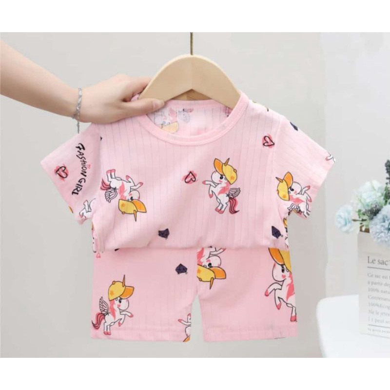 Baju rumahan perempuan anak Ku Bao / setelan celana pendek 4-6th