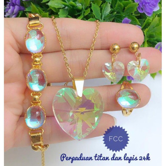 (OKT) Set Perhiasan Lapis Emas 24 Karat Xuping Gelang Kalung Anting Cincin Batu Putih Gold Titanium