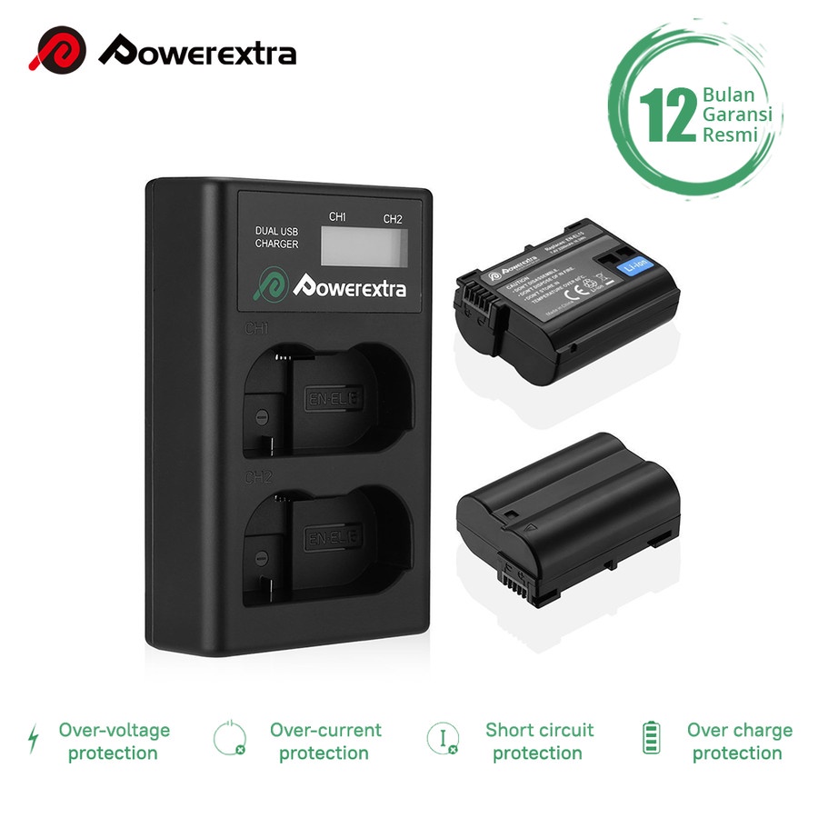 Powerextra Baterai (2-Pack) Nikon EN-EL15 and Smart Dual Charger LCD