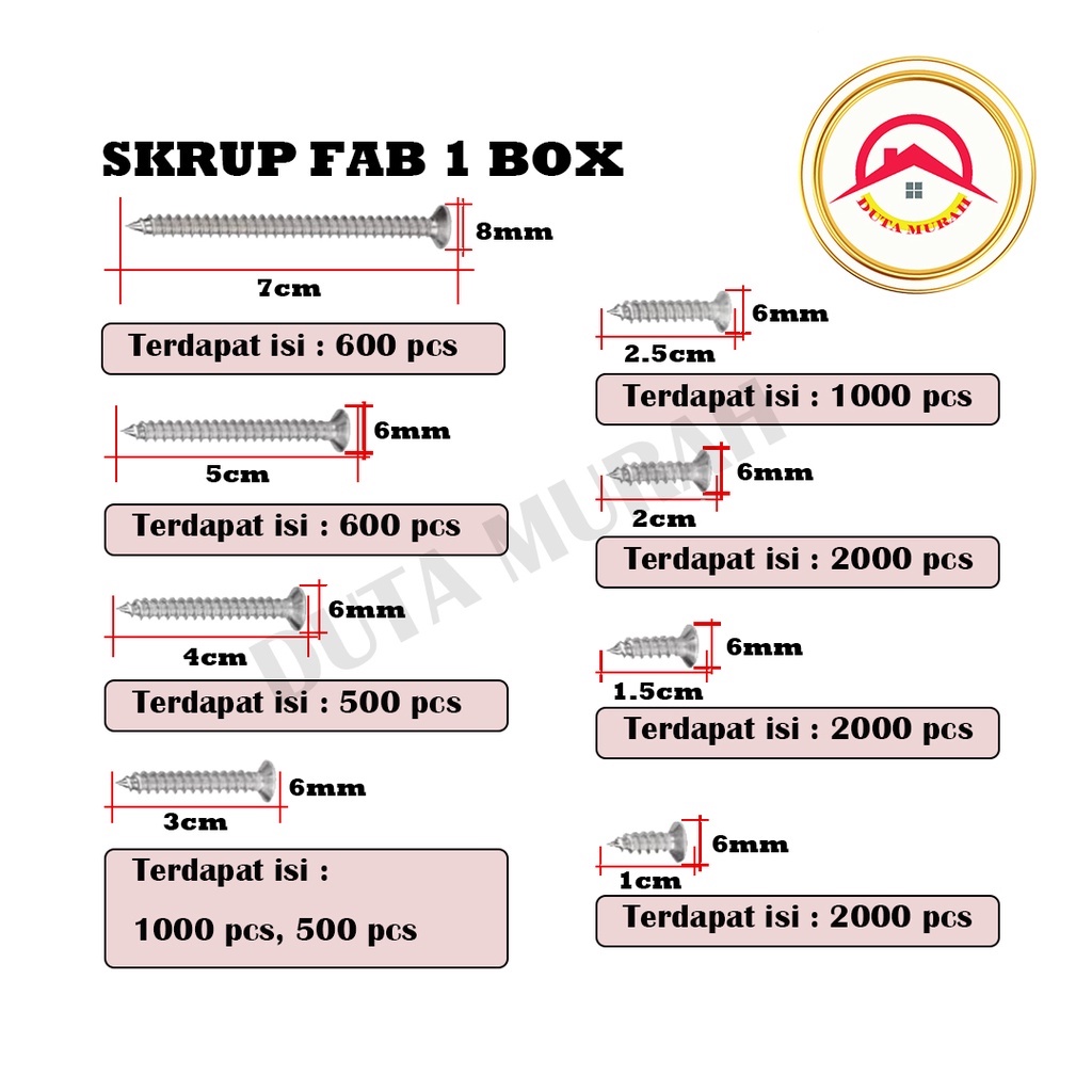 Sekrup 4 cm / Skrup 4 cm 6 x 1 1/2 isi 1000 pcs