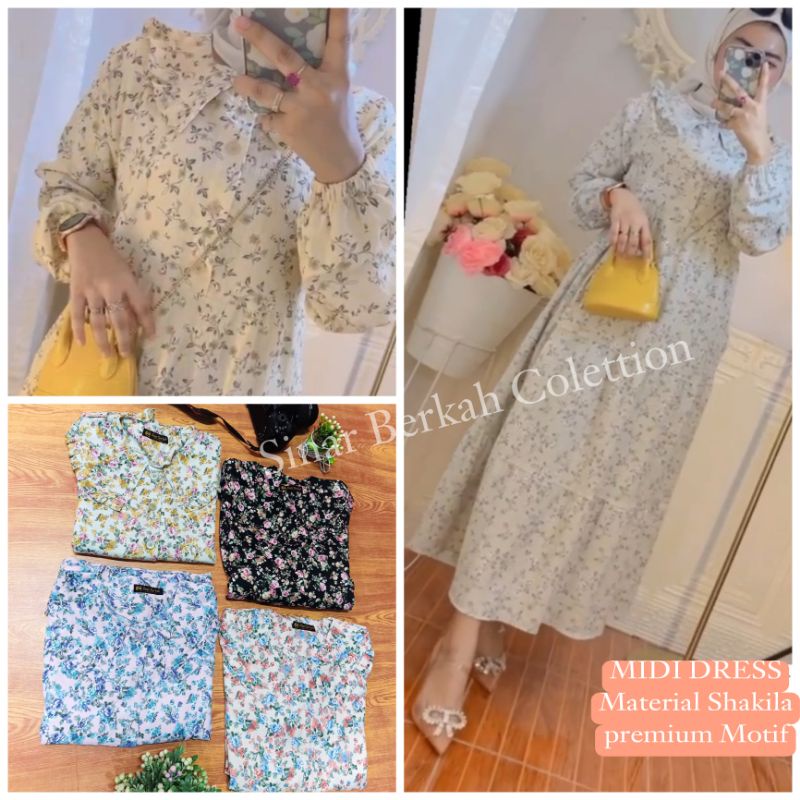 Midi Dress wanita motif bunga kecil, ORI SB, Colletion shakila premium