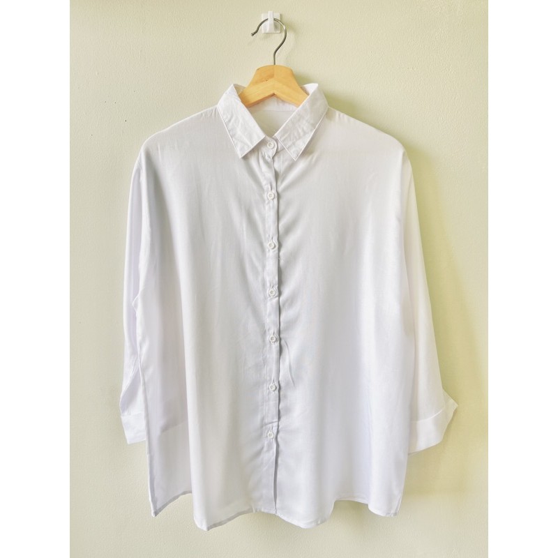 Kemeja Wanita Casual Katun Rayon Polos Cewek Lengan Panjang Scoder-White