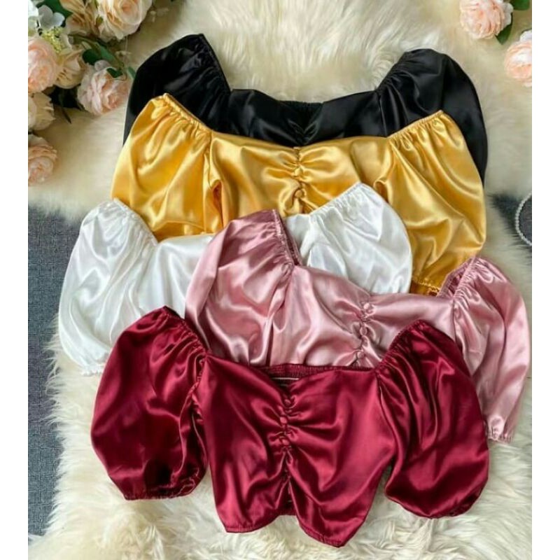 Blouse lengan pendek kerut dada crop top