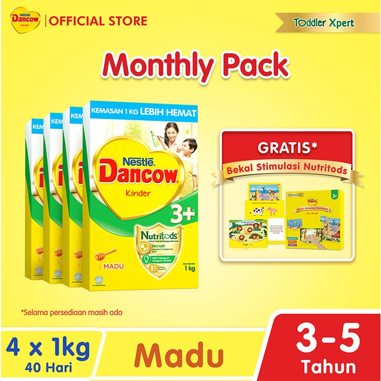 Nestle Dancow 3+ dengan Susu Pertumbuhan Rasa Madu 3-5 Tahun Box 1 kg x 4 Pcs + Free 3D Box Dancow B