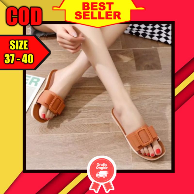 Sandal Sendal Slop Flat Teplek Wanita Cewek Remaja Korean Style Kekinian Lebaran Murah Terbaru 2021