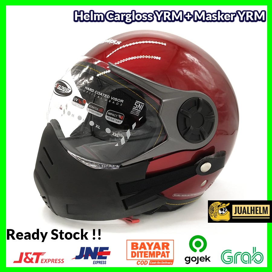 Paket Helm Cargloss YRM Red Glossy + Masker PU YRM ( Mask / Bogo / Retro / Vespa / Klasik )