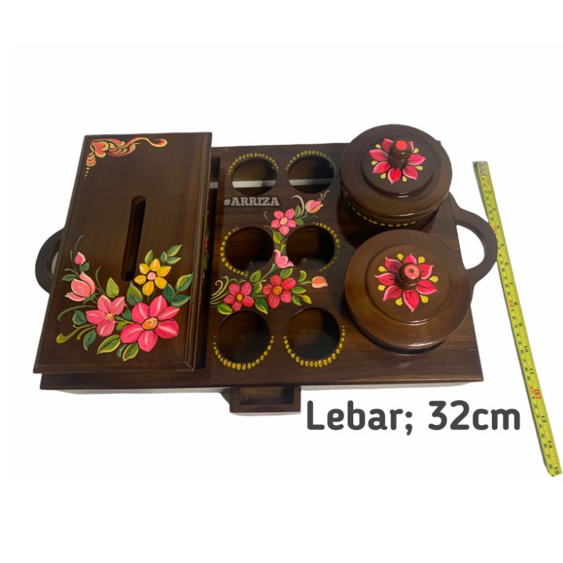 termurah TEMPAT AQUA GELAS SET TOPLES + TEMPAT TISU DARI KAYU JATI MOTIF WARNA LUKIS