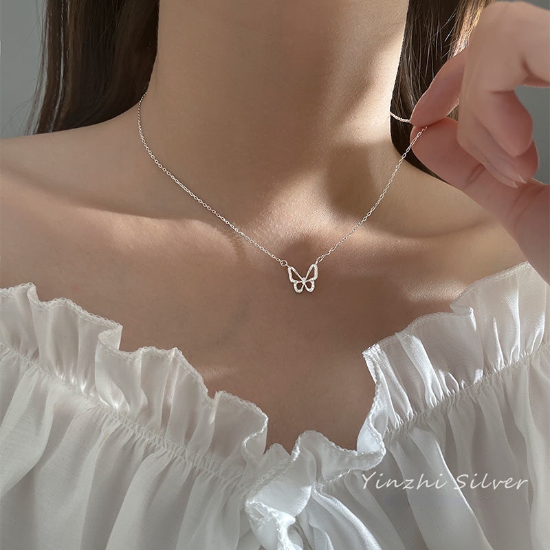 Kalung Choker 925 Sterling Silver Desain Kupu-Kupu Aksen Zircon Shining Untuk Wanita