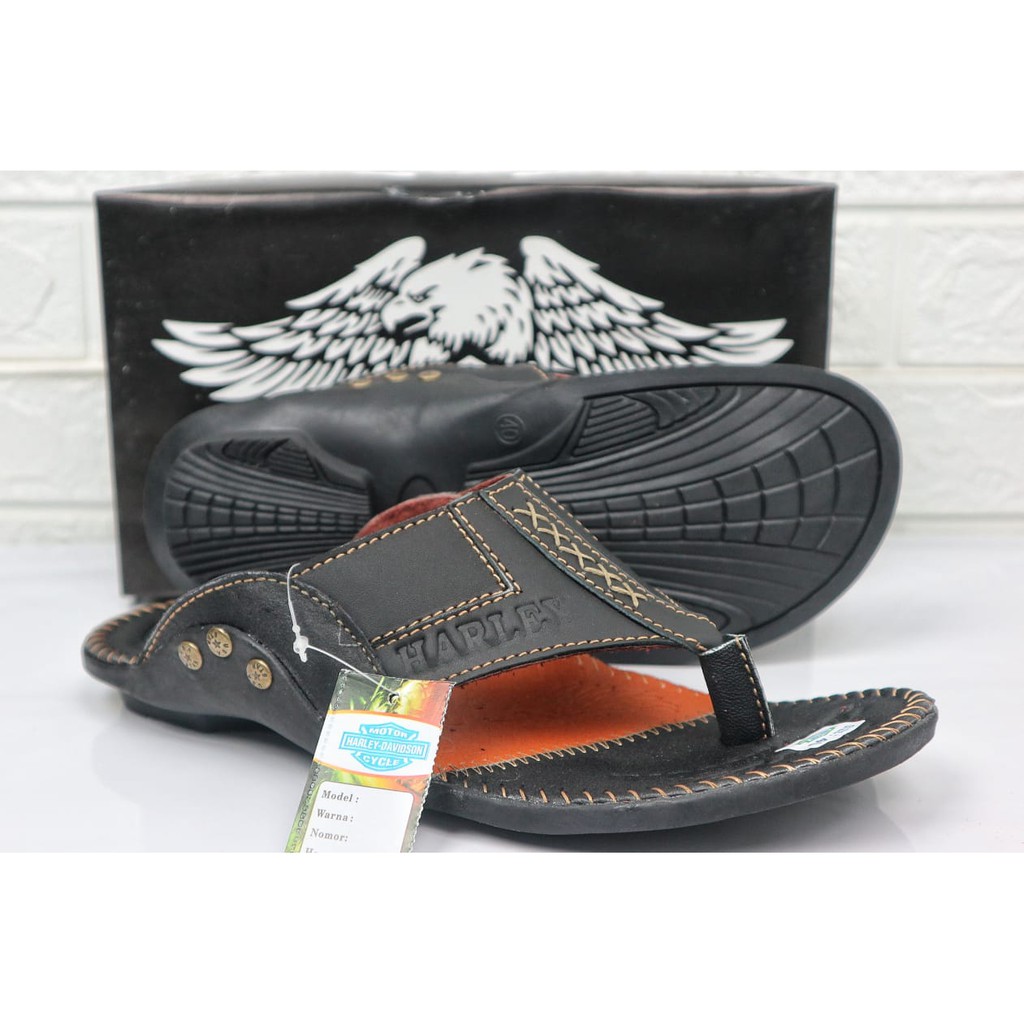 Terbaru Sandal Pria Kulit Sapi Asli Harley Davidson Real Leather Cow Sendal Jepit Rempel Casual Pria