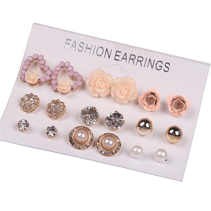 9 Pasang / Set Anting Stud Desain Bunga Mawar Hati Aksen Mutiara Kristal Untuk Wanita