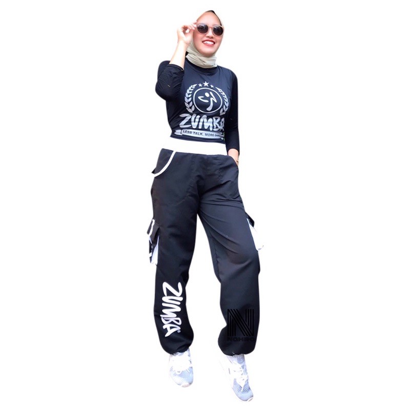 Cargo parasut zumba hitam sablon putih / celana training parasut untuk zumba fitness running unisex-3
