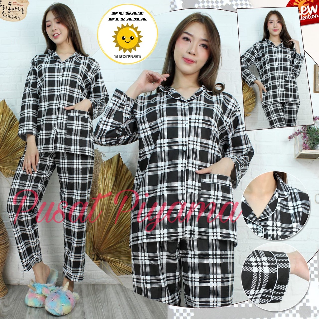 Setelan Lengan Pendek Piyama Baju Tidur Wanita Guilen Kotak Pajamas Cewek Dewasa Kekinian Abg-3
