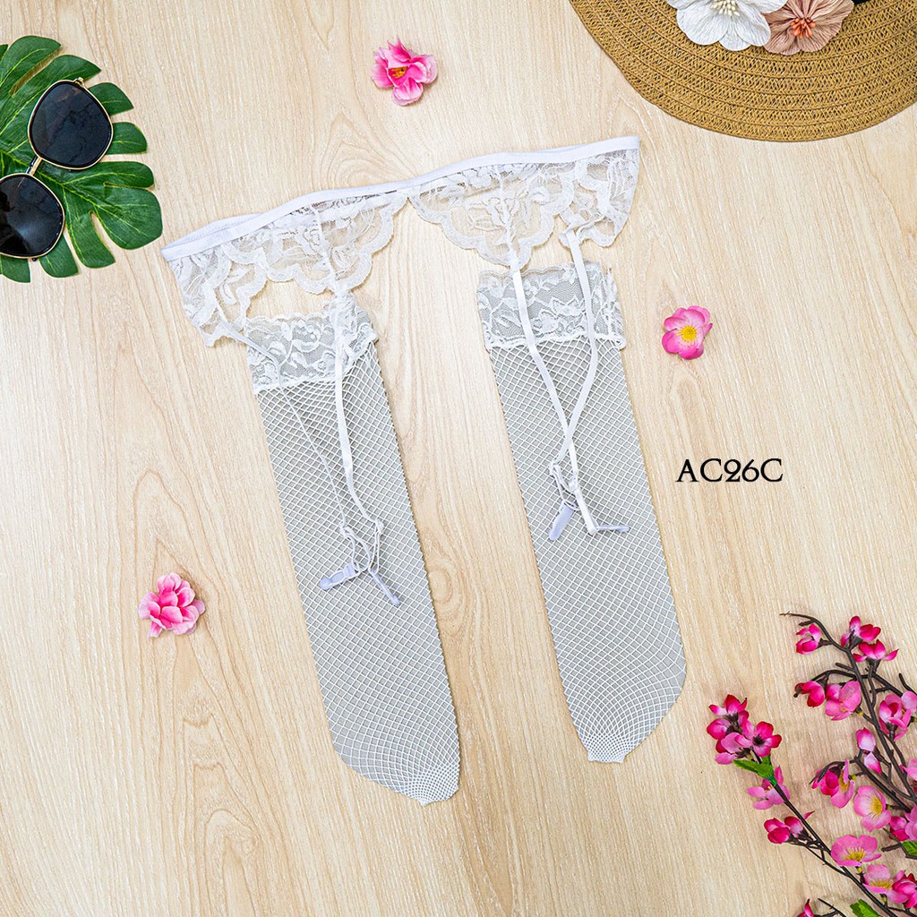 [PRODUK TERBATAS] STOCKING SEXY + SABUK PAHA GARTER BELT LACE PUTIH AC26C