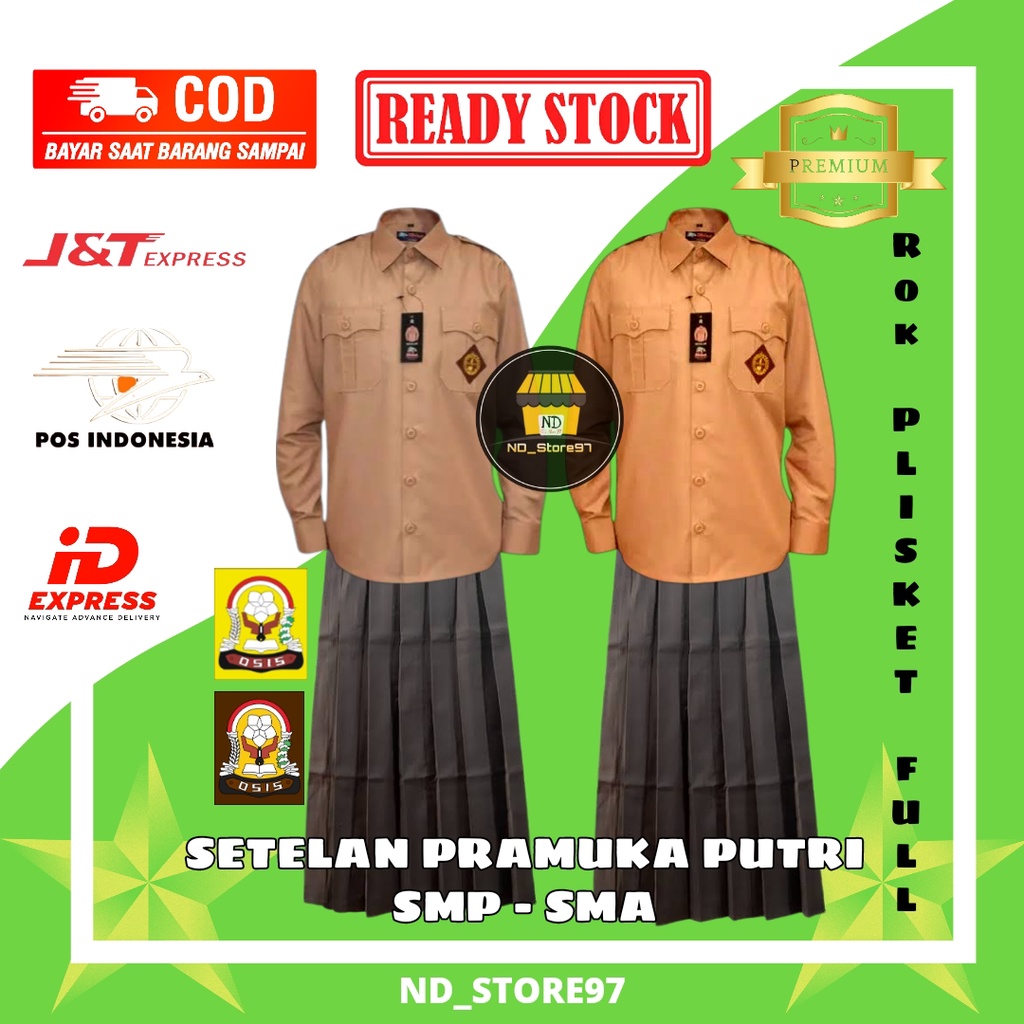 Setelan Seragam Pramuka SMP SMA Putri / Perempuan Model Baju Lengan Panjang Saku 2 Depan + Rok Rempe