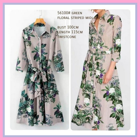Ic - Dress V-Neck Midi Korea Model Sabrina | Dress A Line Print Daisy  Serlina Green Floral Striped