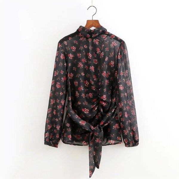 17965 SALE Kemeja Sifon Wanita Motif Bunga Black Flower Blouse