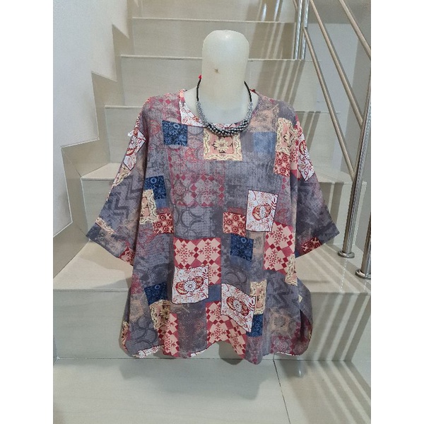 Blouse Brukat dan Kaos Bunga Import Jumbo XL-5XL-Abu Kotak 5XL