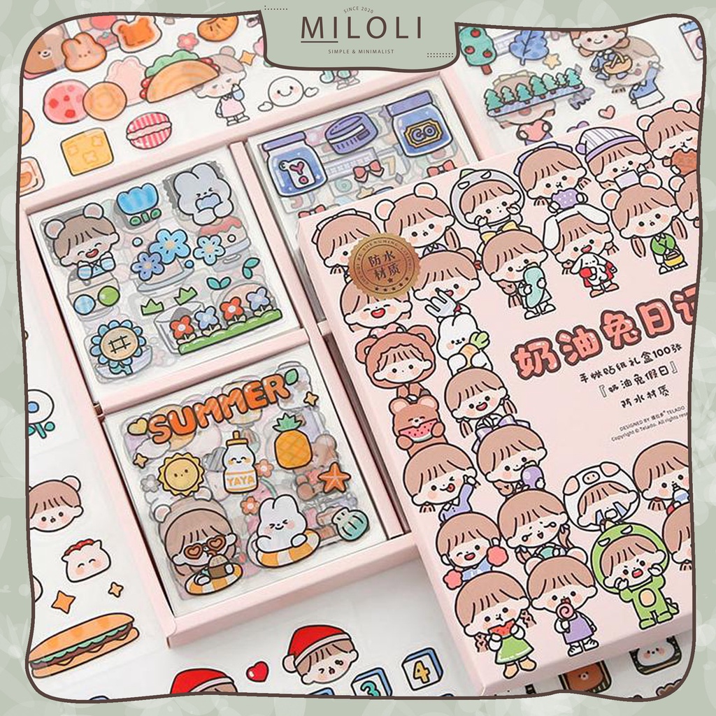 

[MILOLI] 100lembar SET RABBIT GIRLS Sticker PET DIY Scrapbook Stiker Hias Lucu in Box - B0354