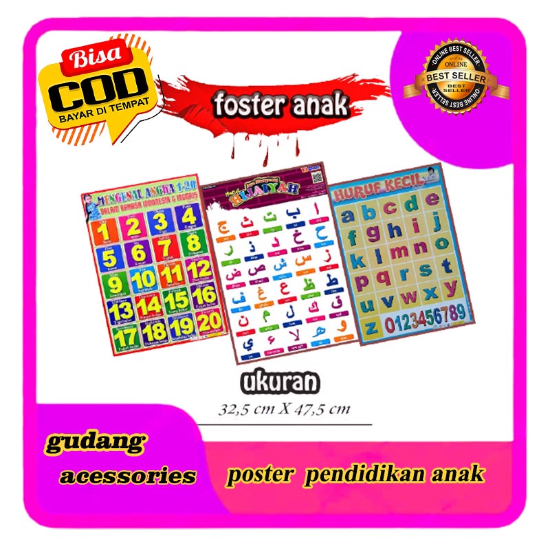 BISA COD Poster edukasi gambar belajar anak paud anak tk usia dini poster abc, poster angka gambar, 