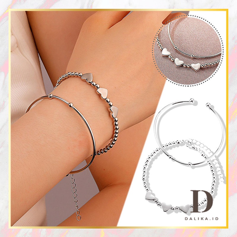 Gelang Set Fashion 2pcs/set Silver Triple Love Hati Fashion Aksesoris Korea Dalika