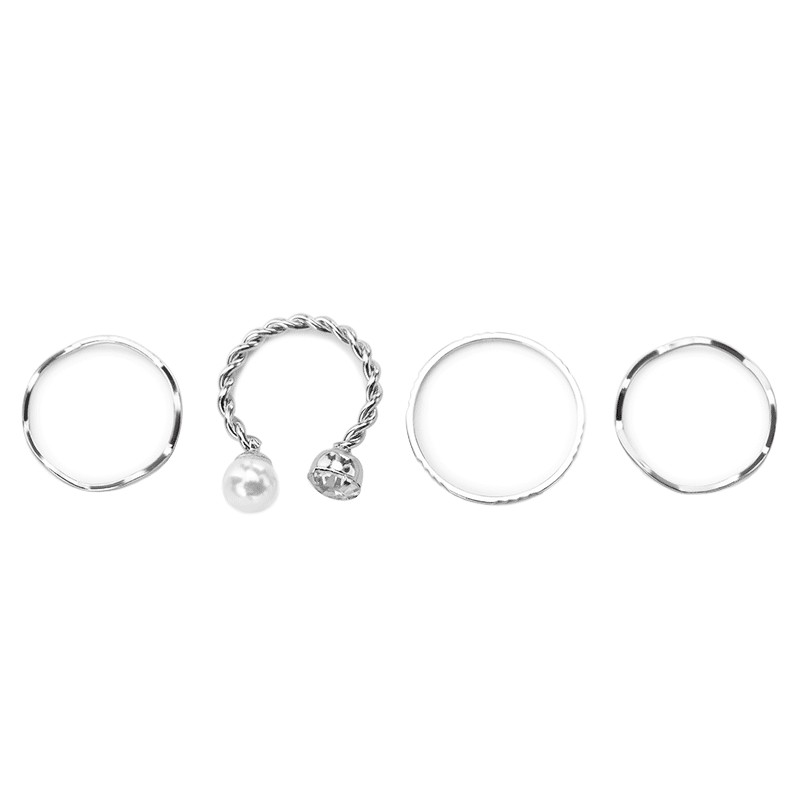 4Pcs / Set Cincin Fashion Terbuka Aksen Berlian Imitasi + Mutiara untuk Wanita