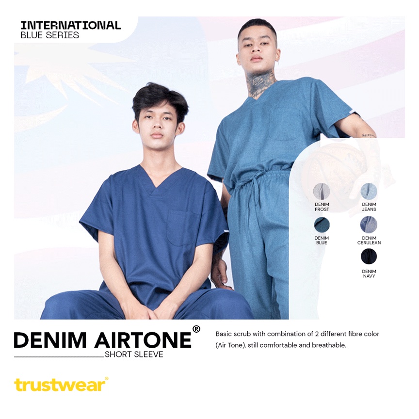 [DENIM COLLECTION] Doctor’s Scrub/Set Baju Celana Jaga  OKA OK Perawat/Dokter Lengan Pendek Blue Series [Export]