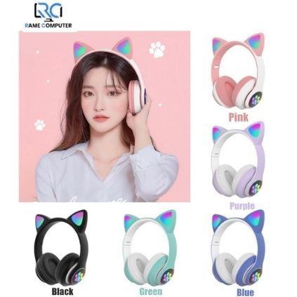 Headphone Stn-28 Bluetooth 5.0 Bentuk Telinga Kucing Mic + Jack