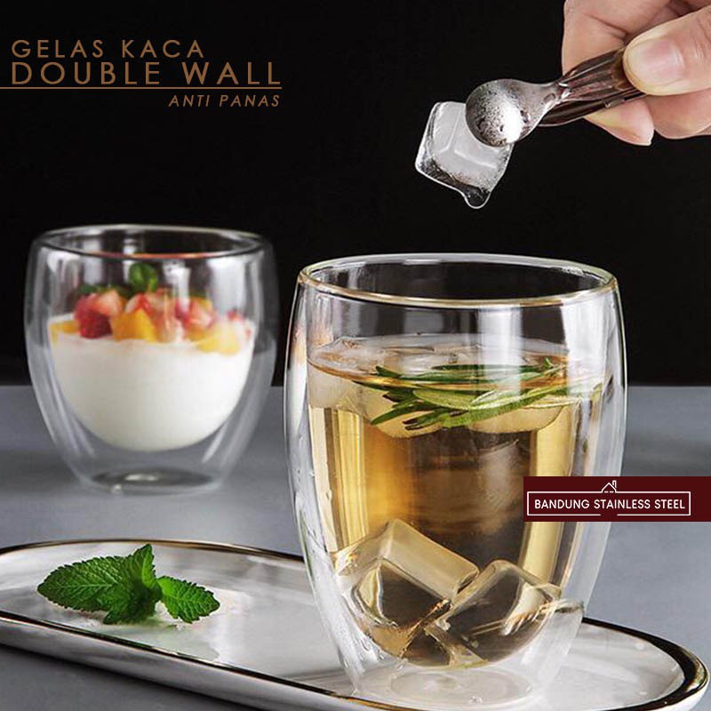 Gelas kopi dua lapis kaca anti panas double wall glass cangkir 250ml 350ml 450ml lucu