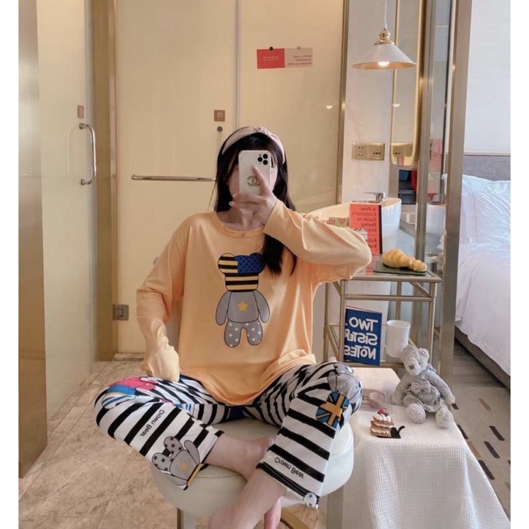 JC- Stelan Import Oversize Premium PP / Stelan piyama import Panjang  / piyama Korea Bigsize Import-Kaws Strp Yellow PP