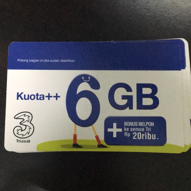 Voucher kuota internet Tri 6GB (3G) sesuai masa aktif kartu + 12GB (4G) 30hari