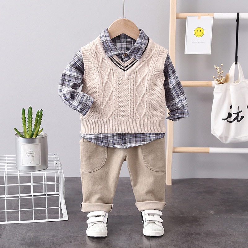 Setelan anak laki laki perempuan import set girl 3in1 vets + Kemeja + Celana set boy Bayi 1-5 tahun Lengan panjang Motif Berkualitas pakai rompi impor