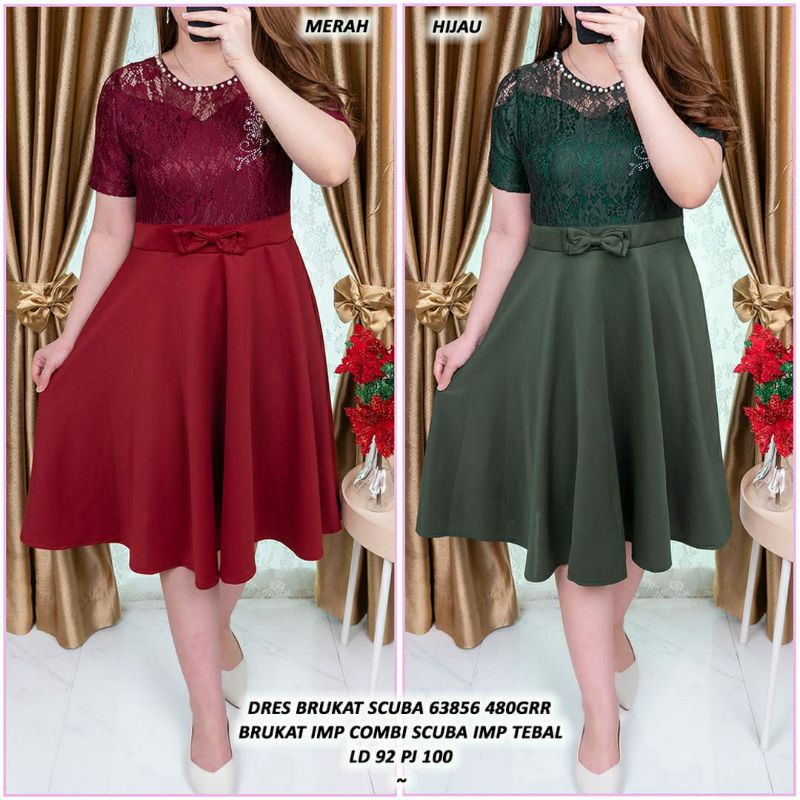 dress scuba mix bruka wanita/gaun wanita impor premium.. dress gereja/dress natal