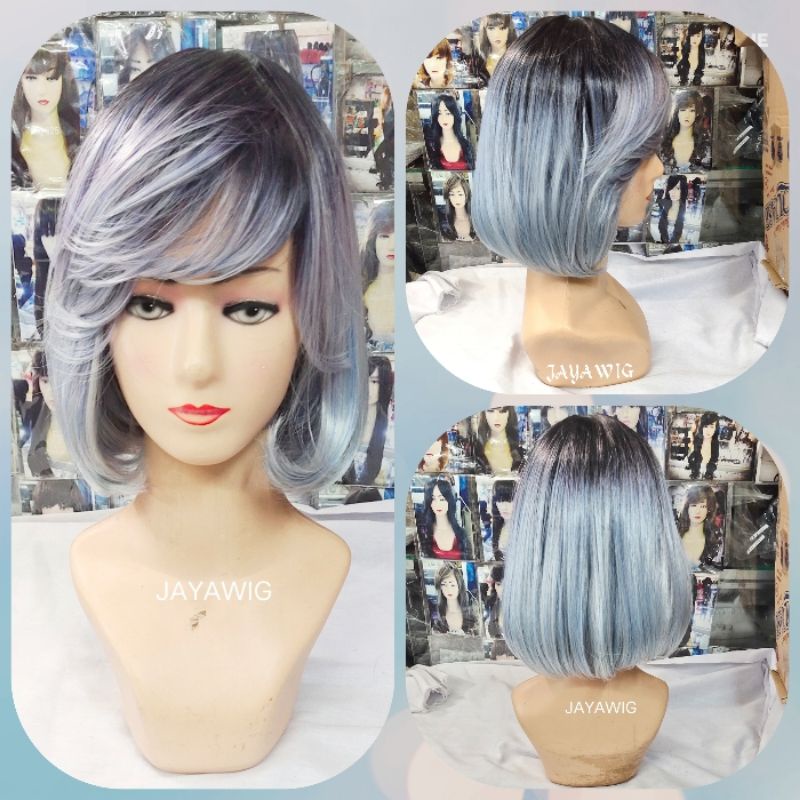 Wig Pendek Warna Silver Blue Rambut Palsu Wanita Model Bob