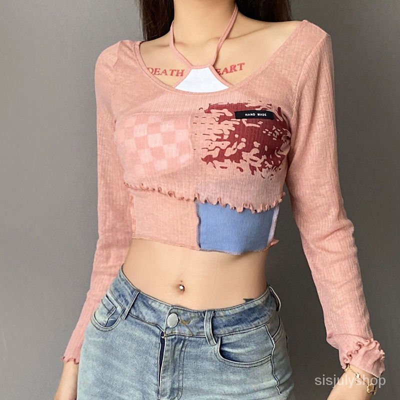 #Sisjuly# Wanita Colorblock Plaid Halter Lace-up Rompi Rabir Surya Wanita Lengan Panjang Blus Pendek