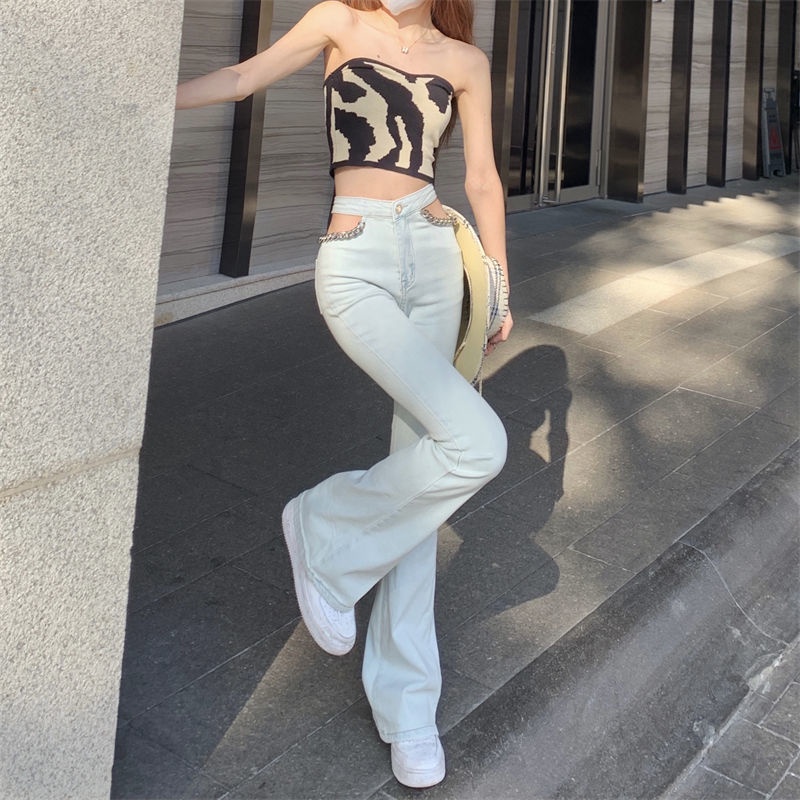 Versi Korea dari Eropa dan Amerika Fashion Micro-La High Waist Denim Lebar Kaki Celana Slim Lurus Hot Girl Style Sexy White Horseshoe Pants