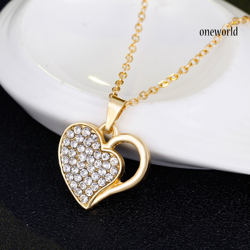 OW@ Rhinestone Hollow Love Heart Necklace Bangle Ring Earrings Banquet Jewelry Set