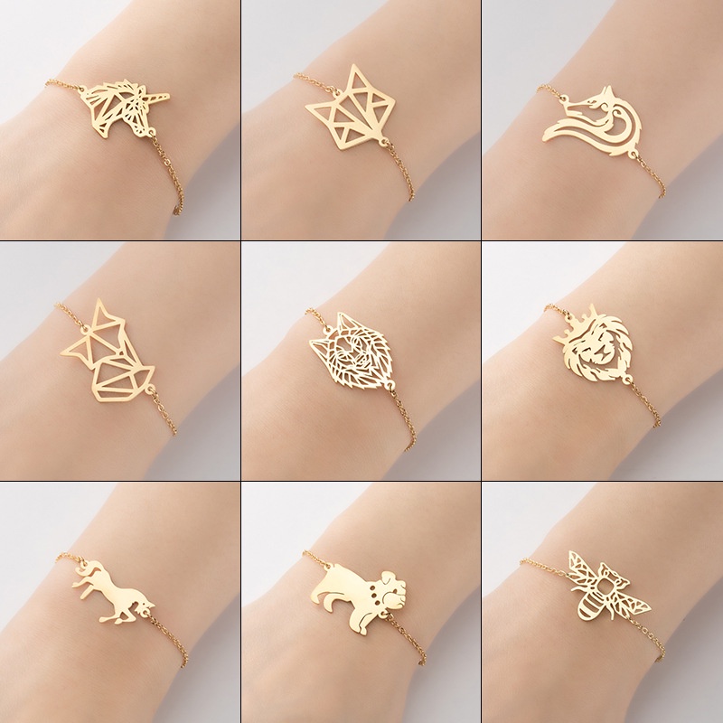 Gelang Bahan Stainless Steel Warna Silver Desain Butterfly Bee Bird Puppy Cat Fox Gaya Vintage