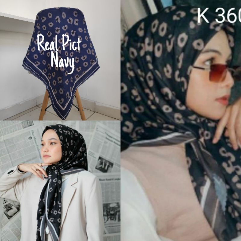 Kerudung vanilla hijab jilbab leopard love rantal polkadot / vanilla hijab segiempat voal motif vanilla chain / deenay kw button kw lasercut-Leo navy