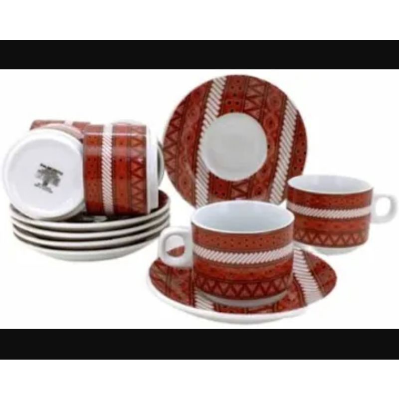 cangkir keramik dengan tatak tipe Batik merah (per set)