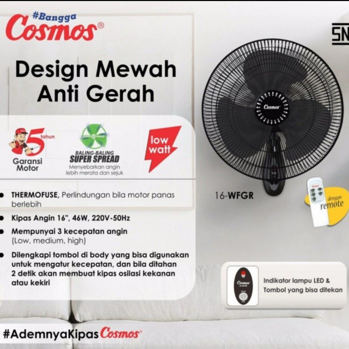 COSMOS 16 WFGR WALL FAN 16 IN BLACK + REMOTE / KIPAS ANGIN DINDING MURAH BANGET / GARANSI RESMI